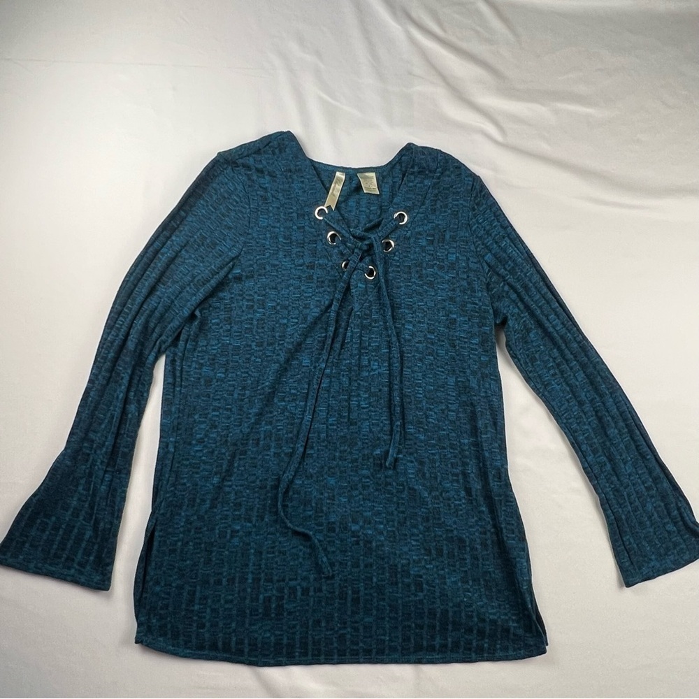 Chenault - Women’s Lightweight Sweater - M - Med Blue -Criss Cross Front -V Neck